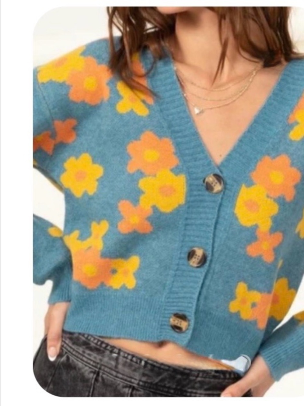 Blue Floral V-Neck Button Cardigan Sweater